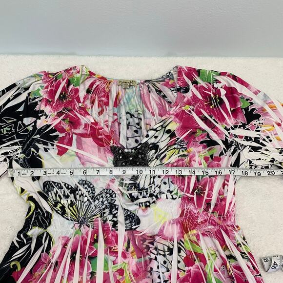 One World Blouse Womens Medium Flowers Butterflies Rhinestones Beads Stretch - Picture 6 of 12